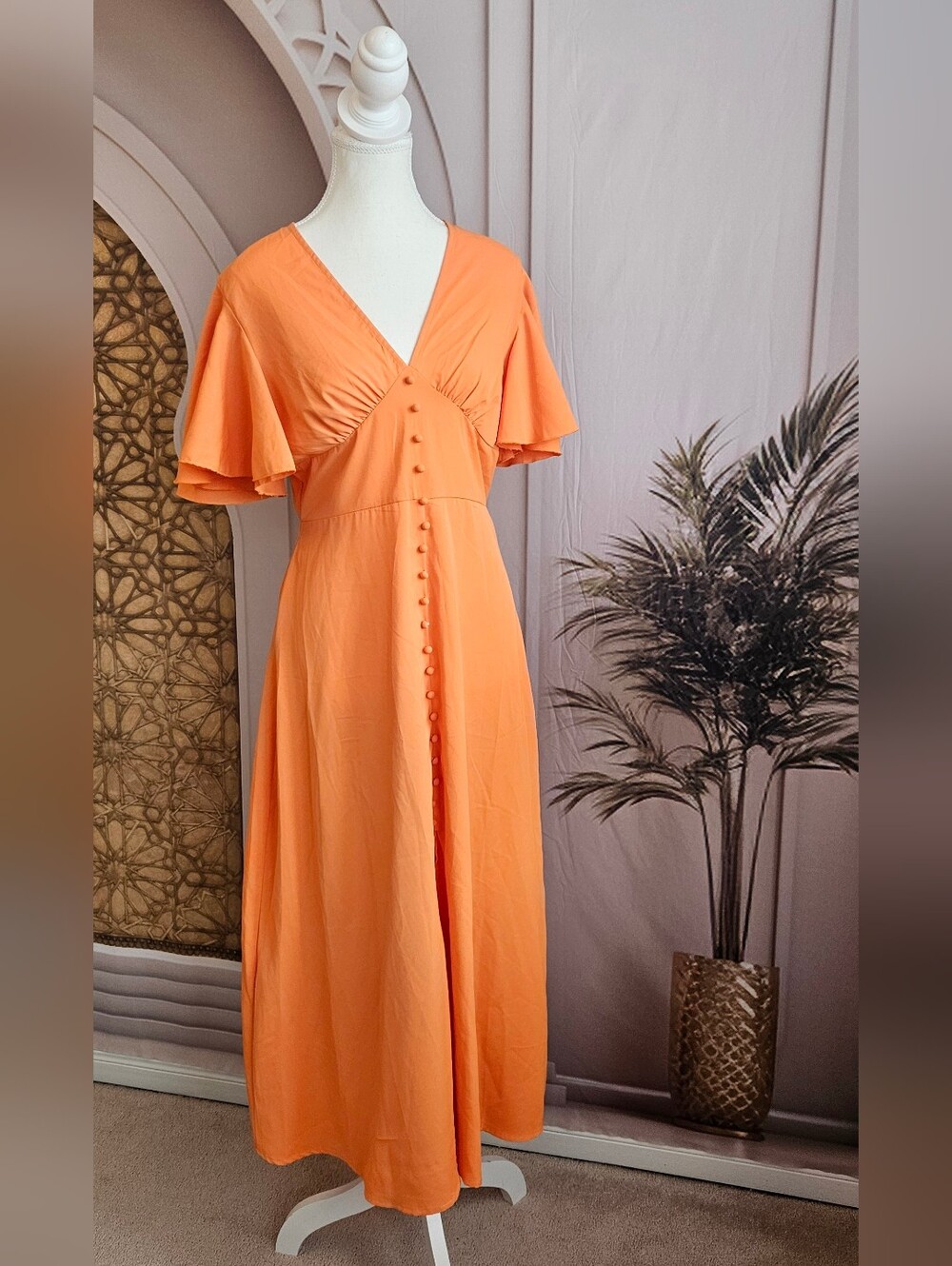 SHEIN Orange V-Neck Button-Front Maxi Dress with Flutter Sleeves